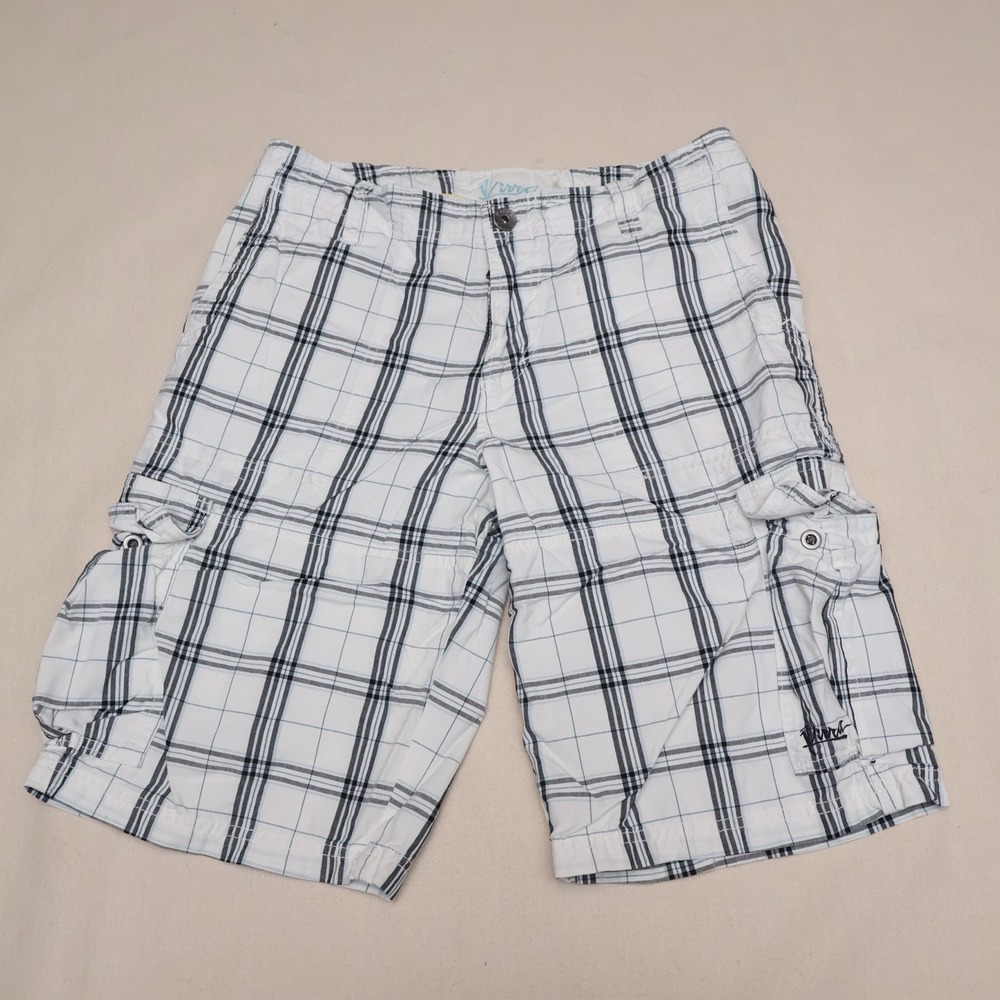Kirra Mens Plaid Cargo Shorts White Blue Black Skater Surf Y2K Streetwear 28